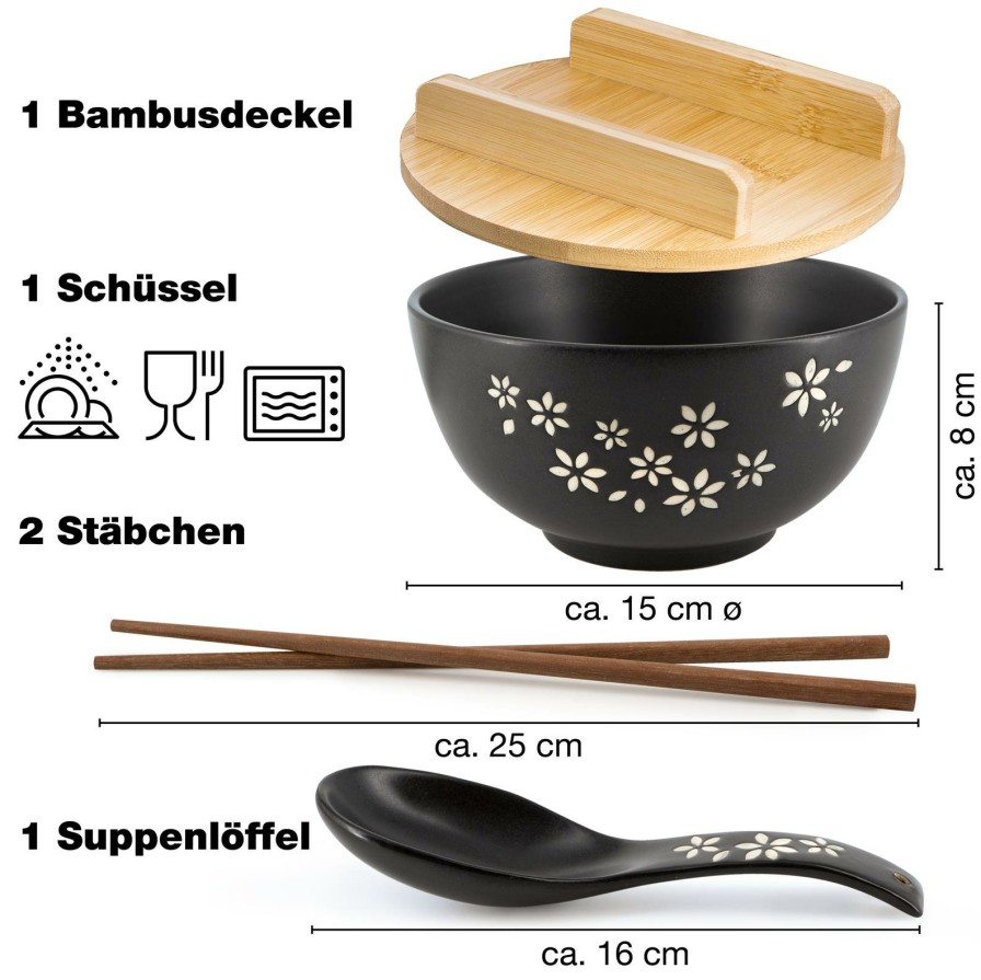 Schalen | Moritz UND Moritz Ramen Mit Blumen Schwarz Inkl. Deckel Und Loffel