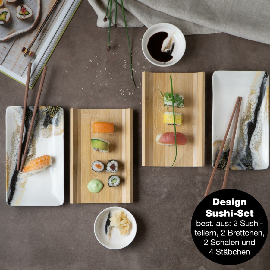 Sushi-Geschirr | Moritz UND Moritz Sushi Set 10Tlg Marmor Schwarz / Gold