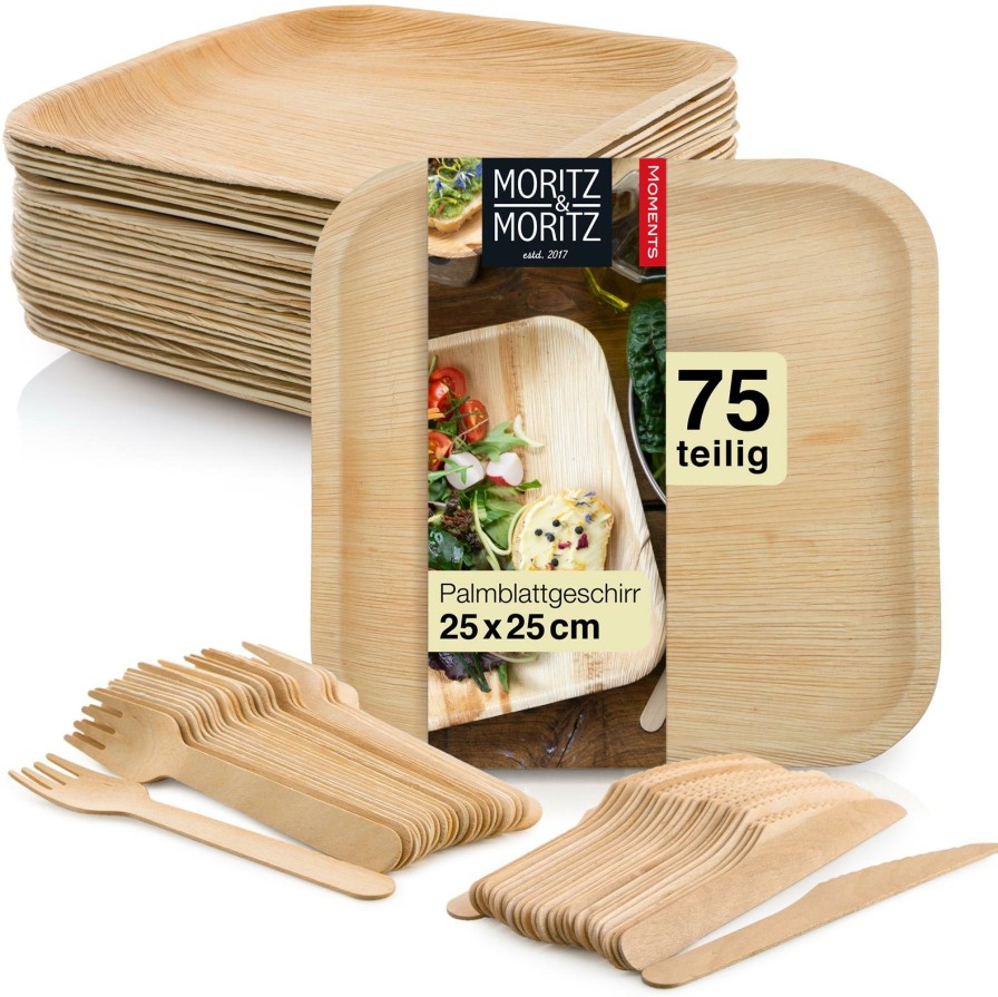 Einweggeschirr | Moritz UND Moritz Palmblatt Geschirr Set 75Tlg 25X Einweg-Teller 25 X 25 Cm 25X Einweg-Holzbesteck