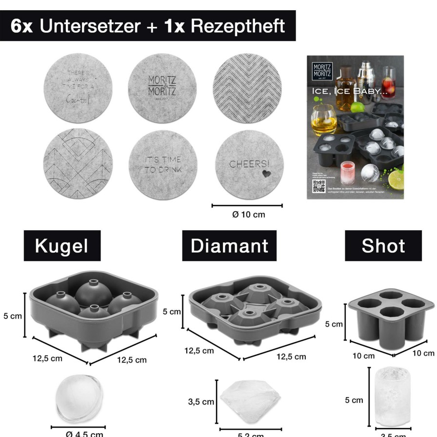 Kuchenutensilien | Moritz UND Moritz 3X Eiswurfelformen Rund, Shot & Diamant Fur Je 4 Eiswurfel Inkl. Untersetzer Und Rezeptbuch