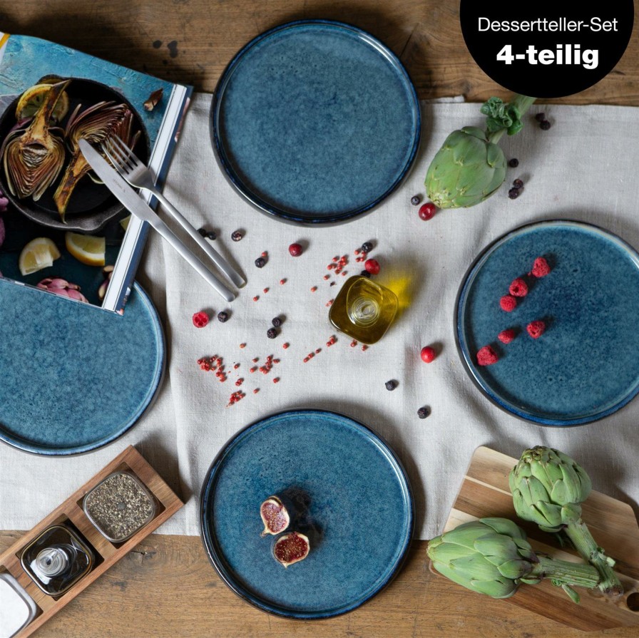 Teller | Moritz UND Moritz Solid 4X Dessert Teller Blau Geschirr Set Reaktiv