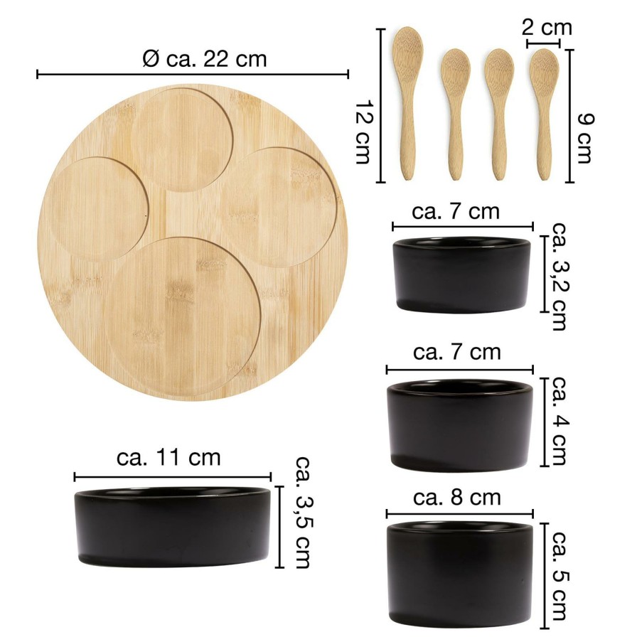 Dipschalen | Moritz UND Moritz Bambusbrett Rund Mit 4 Runden Schwarzen Schalen Inkl. Bambusloffel