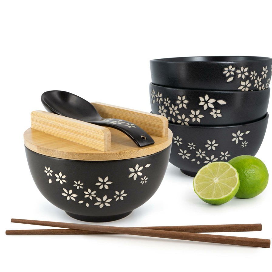 Schalen | Moritz UND Moritz 4X Ramen Schalen Mit Blumen Schwarz Inkl. Deckel Und Loffel