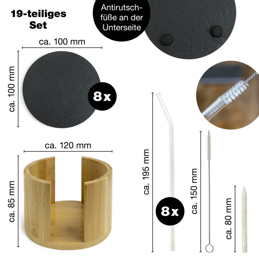 Kuchenutensilien | Moritz UND Moritz Schieferset Spermint Schiefer Untersetzer Rund Mit Glas Strohhalmen