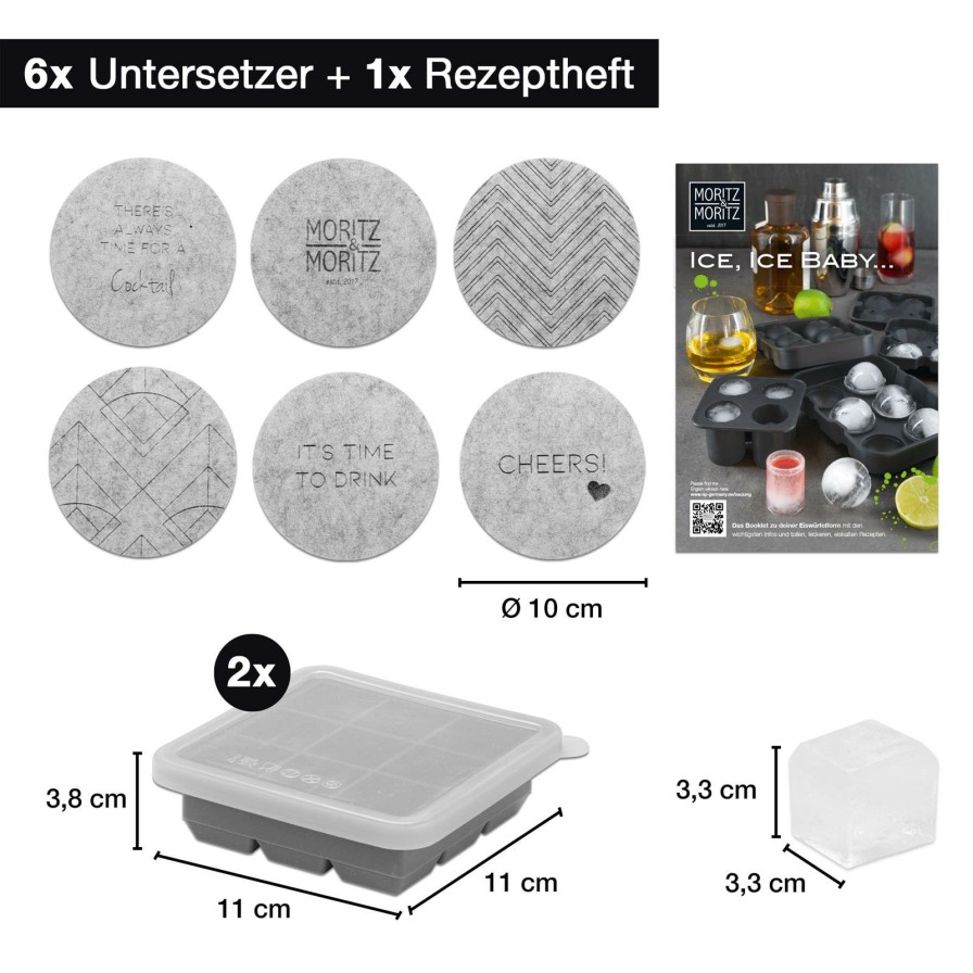 Kuchenutensilien | Moritz UND Moritz 2X Eiswurfelformen Eckig Fur 9 Eiswurfel Mit Deckel Inkl. Untersetzer Und Rezeptbuch