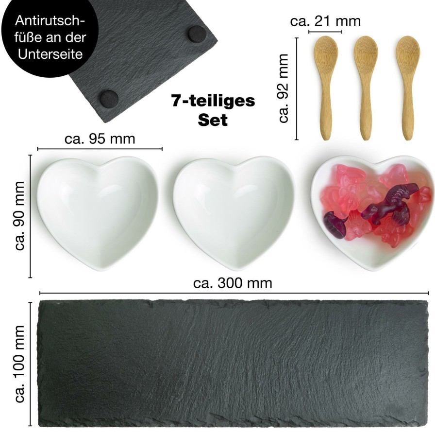 Dipschalen | Moritz UND Moritz Schieferset Bay Leaf Schieferplatte Mit 3 Herz Schalen